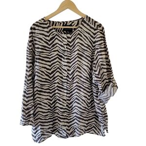 Tahari Brown White Zebra Striped Button Front Blouse 2X Rolled Tab Sleeve LINEN